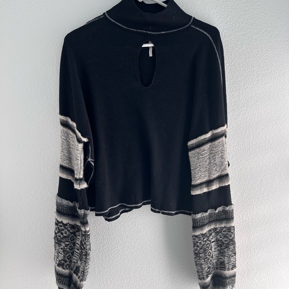 Free People Small Black Print Waffle Knit Mock Neck Sweater Sleeves Mixed up - Picture 2 of 5